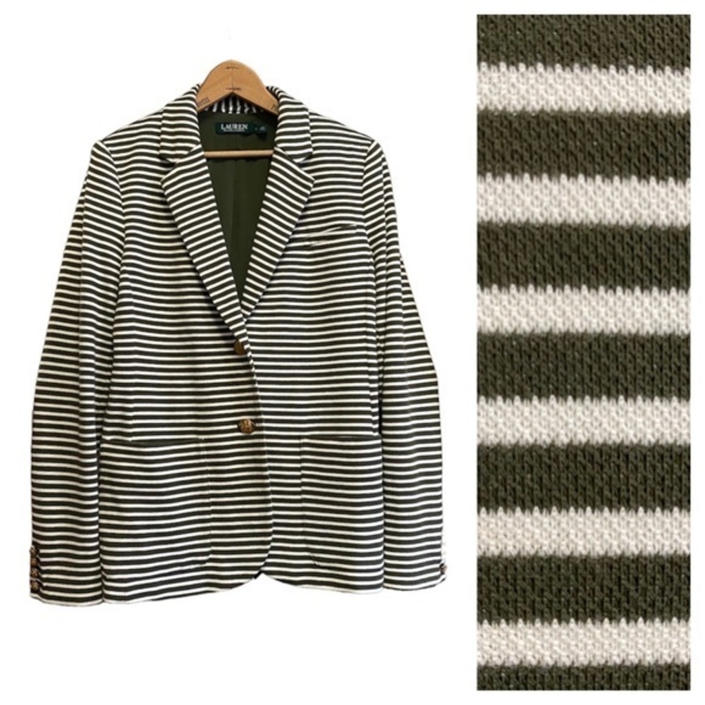 Lauren Ralph Lauren Olive Green White Striped Sweatshirt Blazer